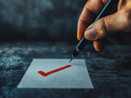Businessman hand putting check mark a checkbox on excellent on paper.の素材
