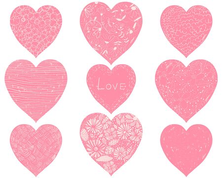 Set of pink hearts with hand drawn lines, swirls and flower elements for Valentine's Dayのイラスト素材