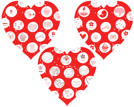 Red hearts with drawings of cute love themed design elements.のイラスト素材