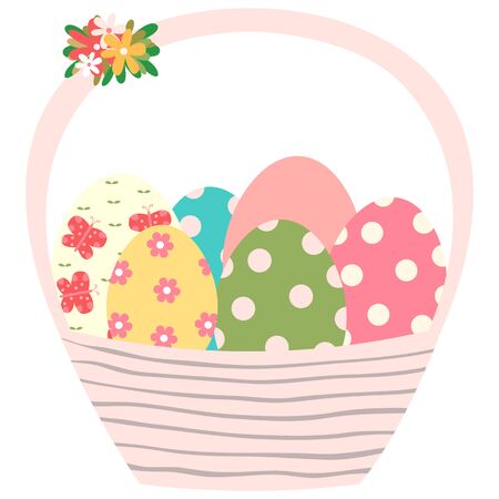 Pink Easter basket with colorful painted eggsのイラスト素材