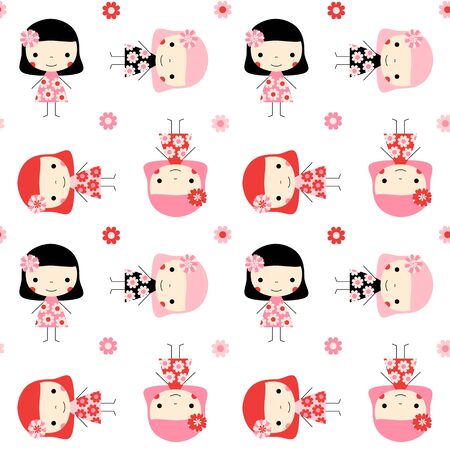Cute seamless pattern with little girls and flowers in pink, red and black colorsのイラスト素材