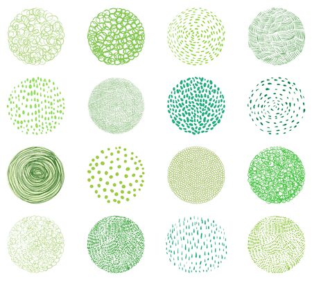Green natural textures in round shapes. Doodle circles for package design for natural productsのイラスト素材