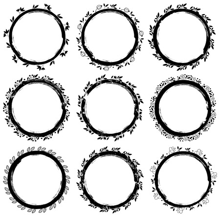 Set of round textured floral frames or tags for healthy food and natural cosmetic productsのイラスト素材