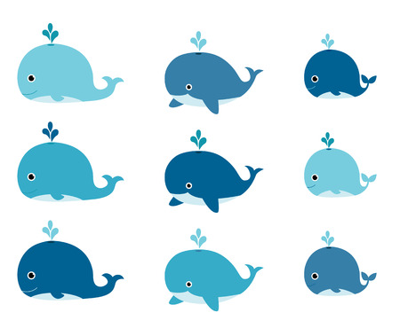 Set of cute blue cartoon whales for invitations, greeting cards and baby showers.のイラスト素材