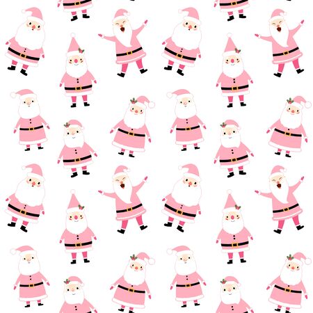 Cute and funny vector seamless pattern with Santa Claus characters in pink color on white background for gift wrapping paper and textile.のイラスト素材