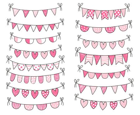 Cute vector doodle buntings in pink and white colors with outline for Valentine's day designs, greeting cards and decorationsのイラスト素材