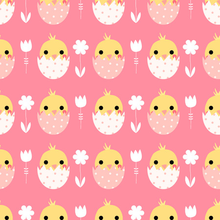 Cute vector seamless pattern with Easter chicks in eggs on pink backgroundのイラスト素材