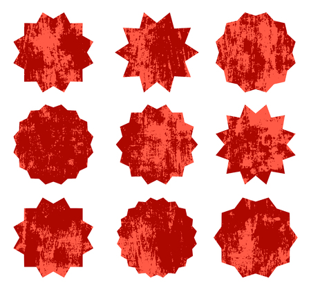 Red vector starburst symbols. Vintage labels or badges with texture for advertising and promotionsのイラスト素材