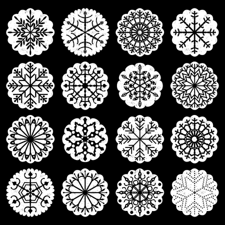 Snowflake decorative elements with scalloped edges in black and white colors for winter holiday designs.のイラスト素材