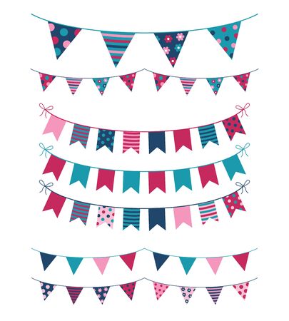 Vector buntings with colorful flags for kid birthday designs and other celebrationsのイラスト素材