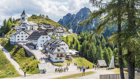 Monte Lussari, ITALY - August 16, 2018 Monte Lussari village in the Italian Alps. Tarvisio, Friuli Venezia Giulia, Italy, Europeのeditorial素材