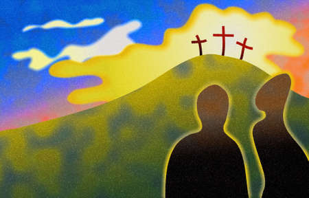 two people looking on at calvery in the distanceの写真素材