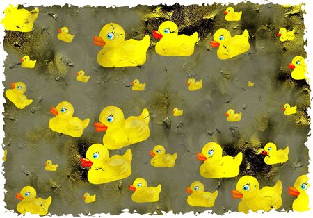 cute rubber ducks on a grunge textured background with ragged edgesの写真素材