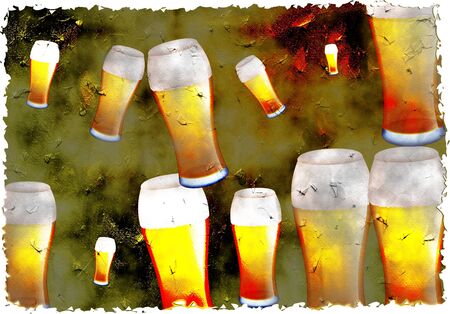 dirt stained grunge textured background design with glasses of beerの写真素材