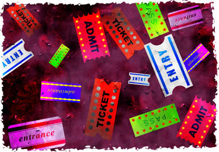 artistic dirt stained grunge textured parchment background design with admission ticketsの写真素材