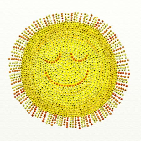 painted sun with beading effect isolated on white textured canvas backgroundの写真素材