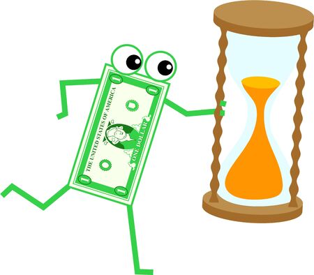 Cartoon dollar man holding an egg timer isolated on white.