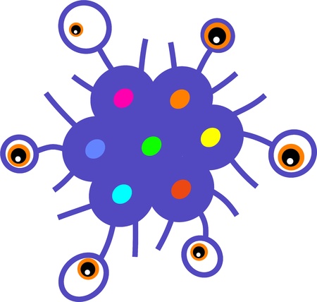 Simple cartoon graphic illustration of a purple germ with lots of eyes.の写真素材