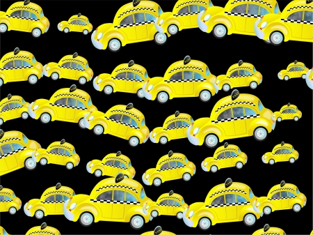 A cute cartoon yellow taxi cab repeated against a black background の写真素材