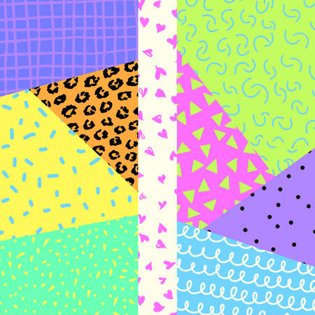 A vibrant and colorful geometric design with doodle patterns.
