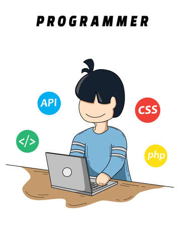 The illustration of programmer use a laptop to develop software, website, or mobile appのイラスト素材