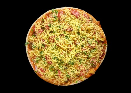 Cooking delicious pizza isolated on a black backgroundの写真素材