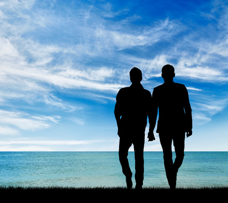 Concept of gay people. Silhouette of two gay men on a walk by the sea during the dayの写真素材