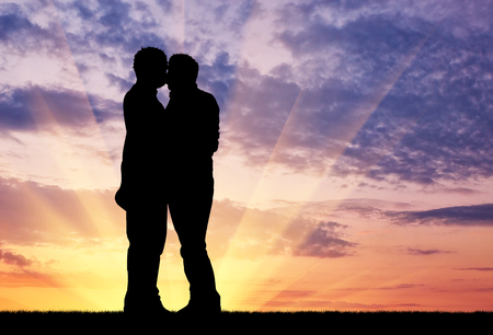 Concept of gay people. Silhouette happy gay kissing against the evening skyの写真素材