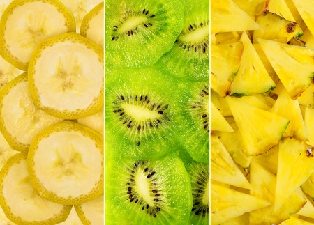 Fruit mix of bananas, kiwis and pineapple sliced macroの写真素材