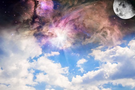 Concept of God and religion. Fantastic cloudy sky with the moon and the cosmosの写真素材