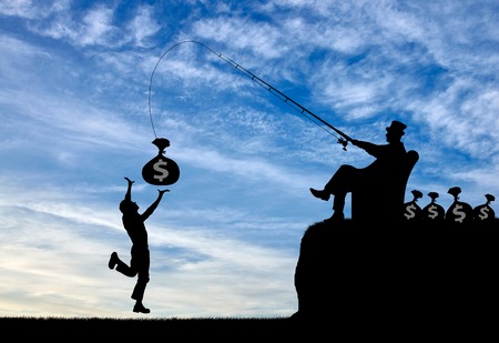 Social inequality. Wealthy businessman with a fishing rod and money and common manの写真素材
