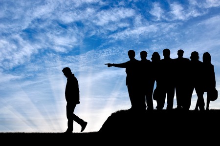 Discrimination concept. Silhouettes of people crowd expel the man from their community.