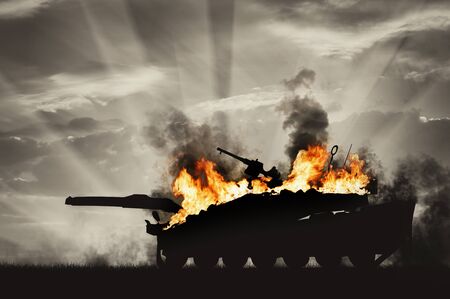 Concept of war and conflict. Military tank in the fire and smoke