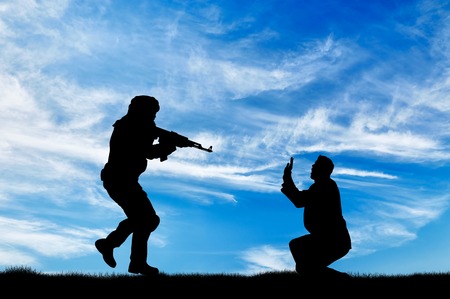 Terrorism concept. Terrorist attack on peaceful humanの写真素材