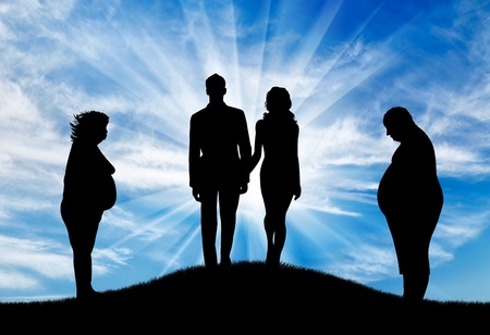 Thick man with woman and slender pair on hill on background sky. Concept obesityの写真素材