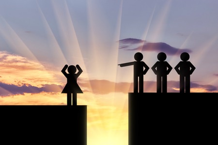 Icons men point finger at an icon of women over cliff. Concept of gender inequalityの写真素材