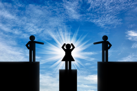 Icons men point finger at an icon of women. Concept of gender inequalityの写真素材