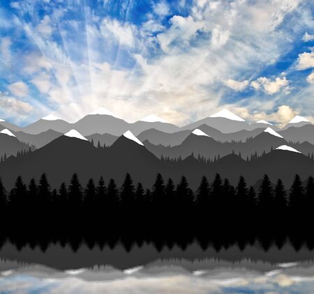 Mountain landscape with snowy peaks near lakeの写真素材