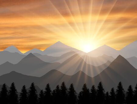 Mountain landscape at sunset with the sunの写真素材