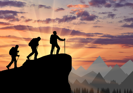 Silhouette climbers ascending to top of mountain. Concept teamworkの写真素材