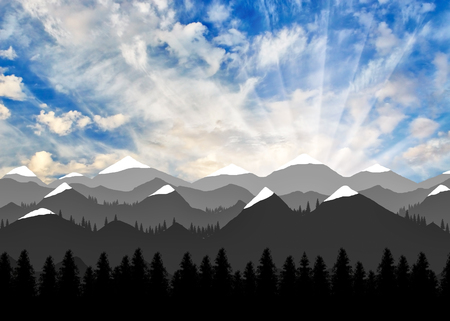 Beautiful dawn of mountain landscape with snow-capped peaksの写真素材