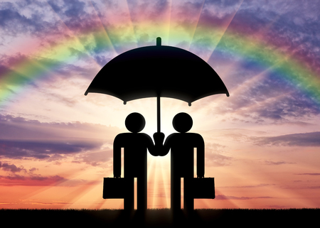 Two icons of little men stand under umbrella together. Concept of a business partnerの写真素材