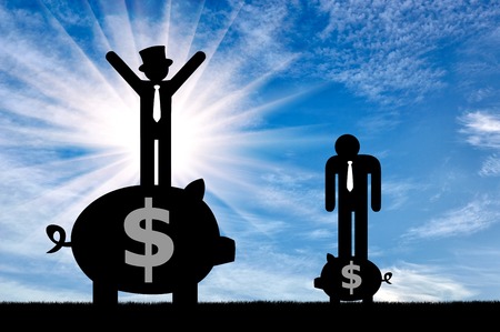 Inequality concept. Poor and rich flat icons people standing on piggy banksの写真素材