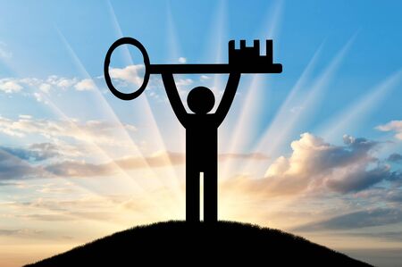 Flat icon man holds the key. Concept of accessの写真素材