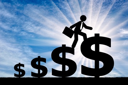 Concept of goal achievement. Businessman with briefcase going to big moneyの写真素材