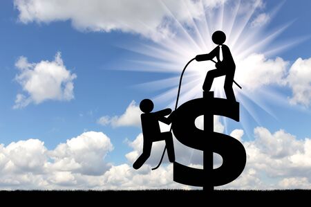 Concept of teamwork. Man standing on a dollar sign, gives rope another person, to achieve success togetherの写真素材