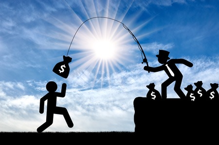 Concept of economic inequality. Rich people having fun, catching a person for moneyの写真素材