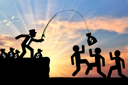 Concept of economic inequality. Rich people having fun, catching people for moneyの写真素材