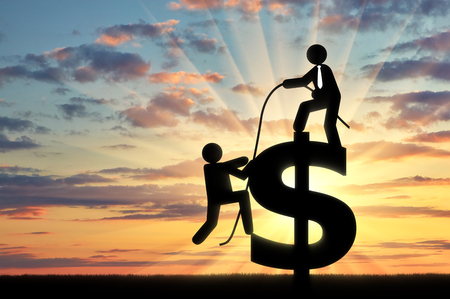 Concept of working in a business team. Man standing on a dollar sign, gives the rope a man to achieve joint successの写真素材