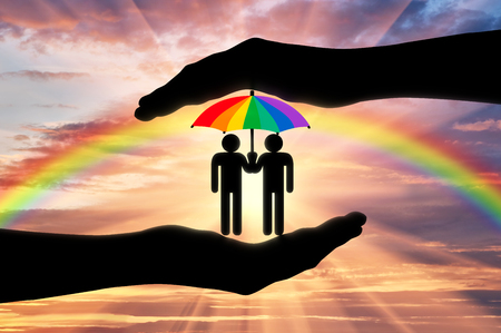 Gay rights notion. Icons of two gays with a rainbow umbrella in hand on a background of iridescent skyの写真素材